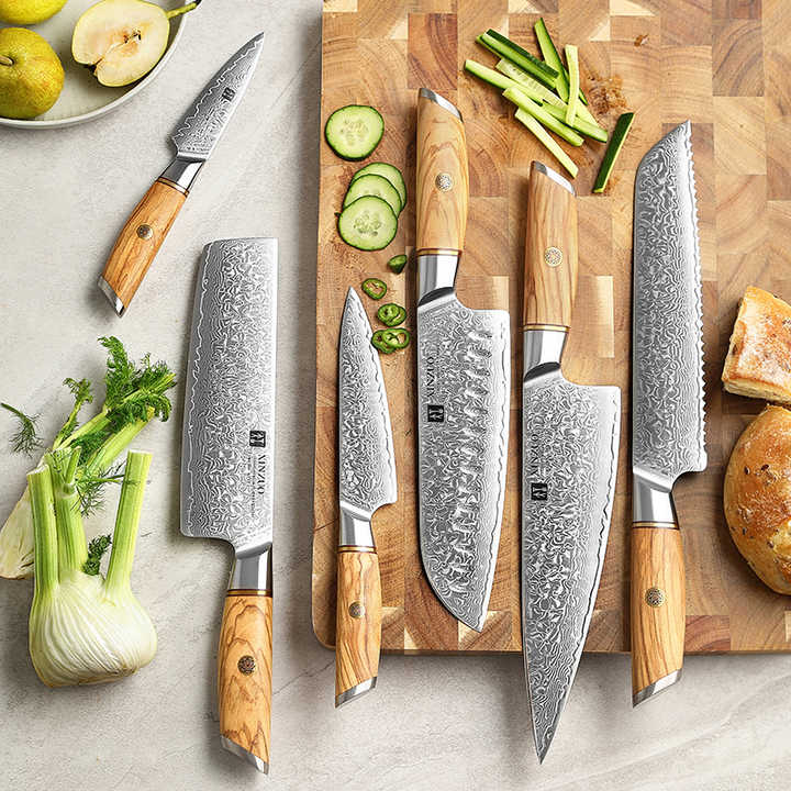 Steel Kitchen Knife Set with Olive Wood Handle