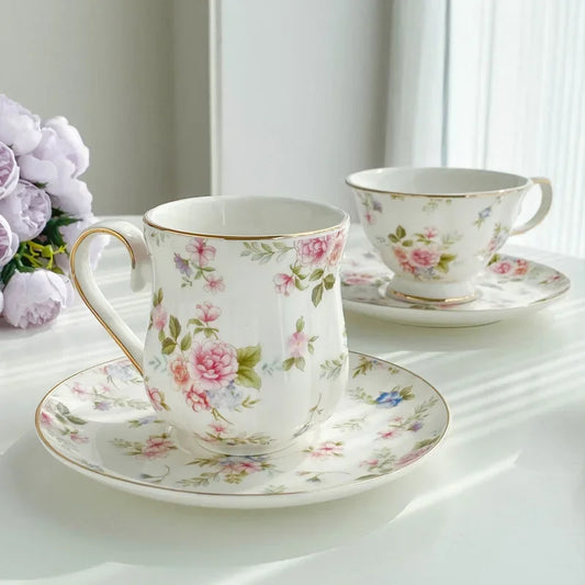 Vintage Floral Ceramic Tea Cup & Saucer with Gold Trim