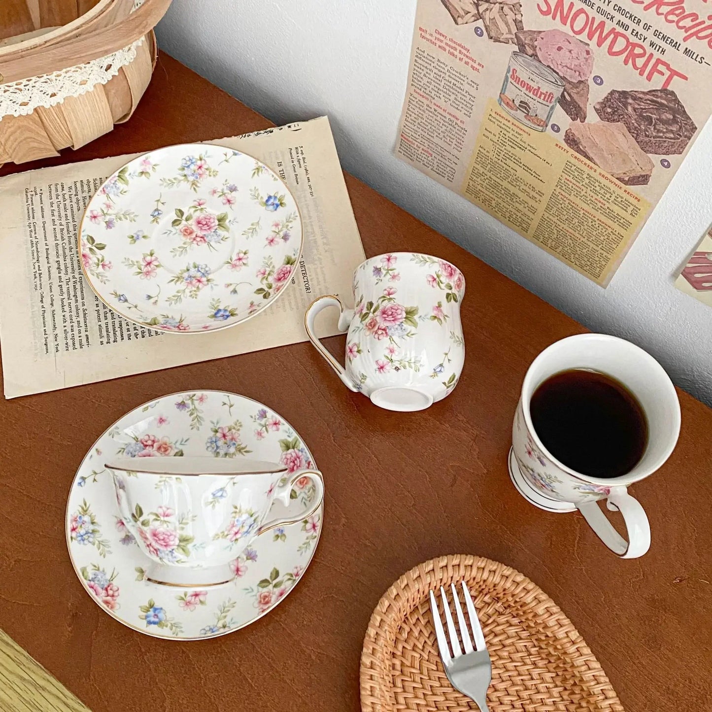 Vintage Floral Ceramic Tea Cup & Saucer with Gold Trim