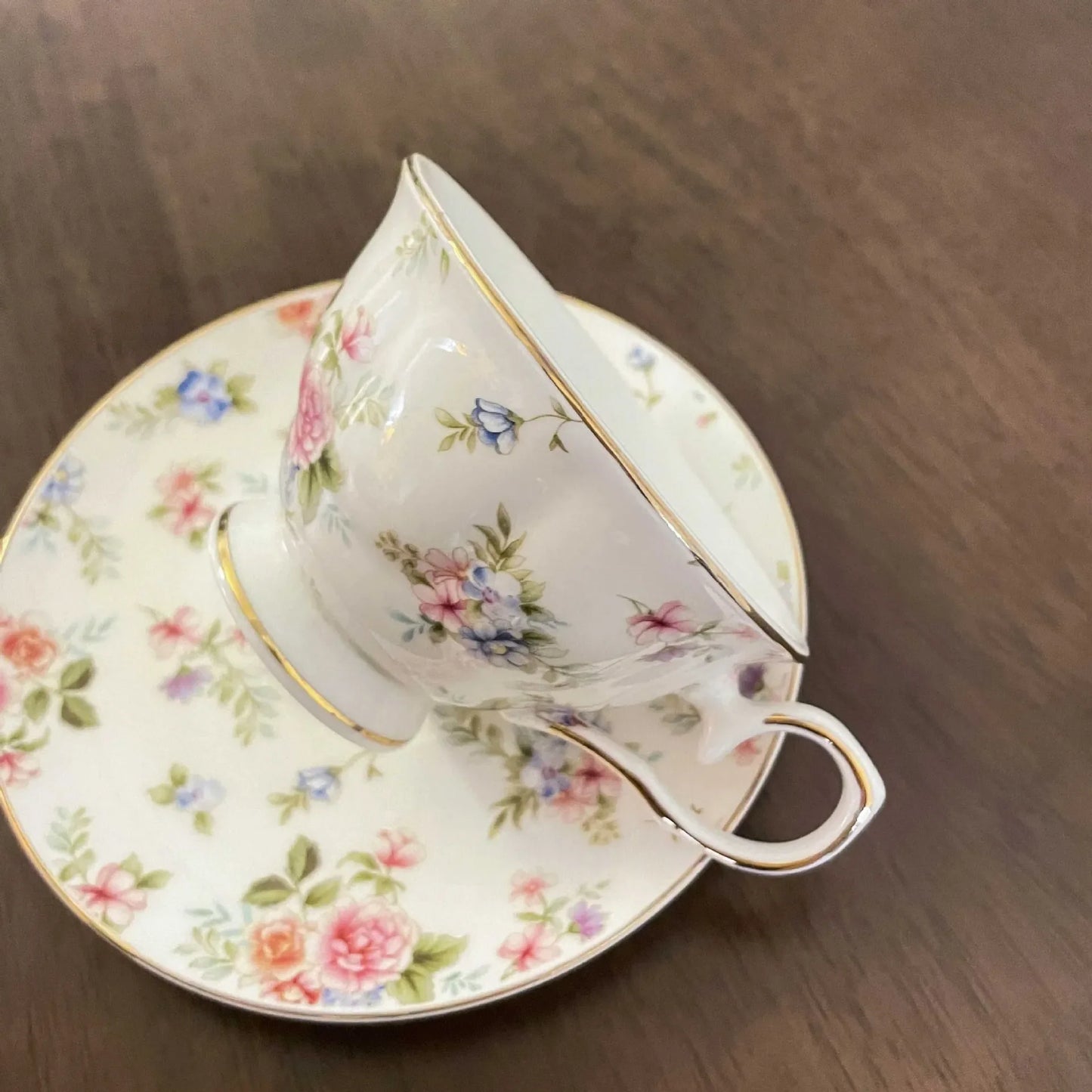 Vintage Floral Ceramic Tea Cup & Saucer with Gold Trim
